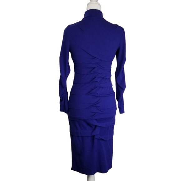 Nicole Miller Studio One Mock Neck Pleated Fitted Dress Blue Small - Picture 2 of 16
